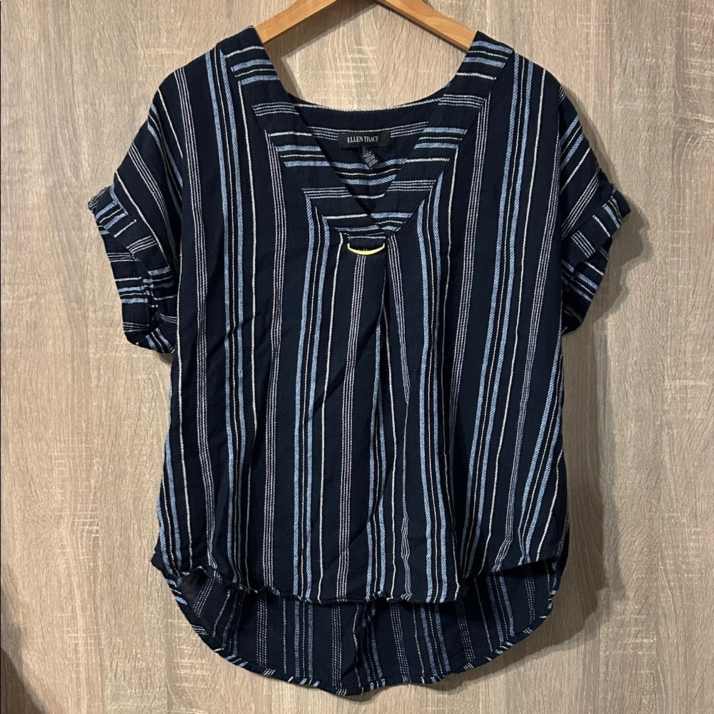 Ellen Tracy Navy and White Striped Blouse Size Large